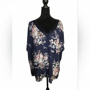 SHEIN Fit + Floral V-Neck Top - Navy and Pink 28/30 Plus 4 For $20